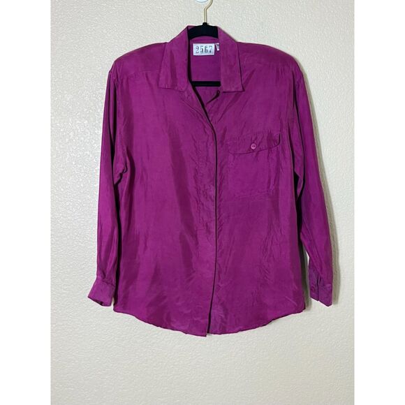 VTG 2567 Y2K 100% Silk Plum Button Up Blouse Womens Structured Fall Layering 4 - Picture 1 of 6